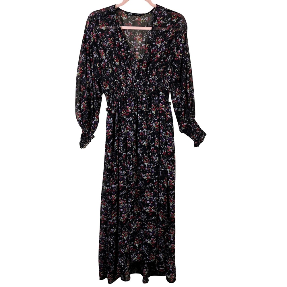 Zara Dark Floral Smocked Waist V-Neck Long Sleeve Maxi Dress M Black Whimsigoth